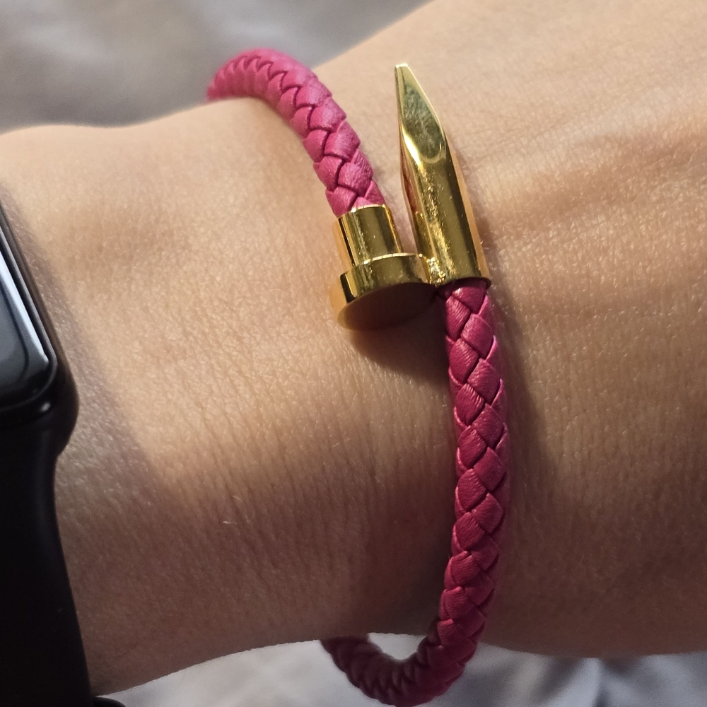 Pink Braided Leather Bracelet with Gold Accents - Picture 6 of 6